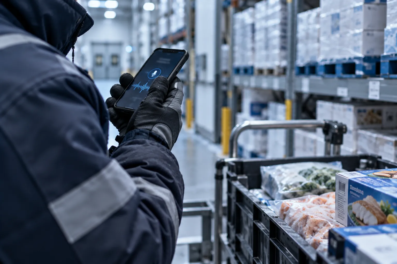 Un operario de almacén prepara un pedido con una app de voz en el móvil